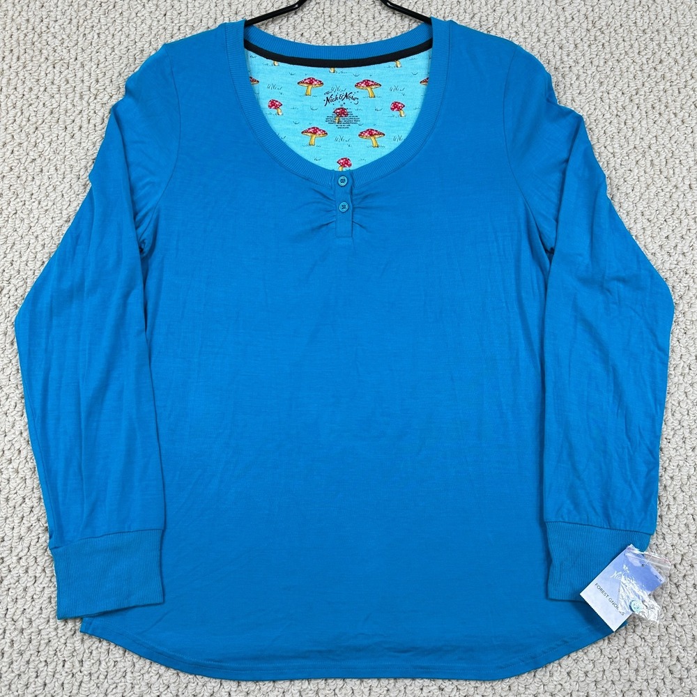 Nick & Nora Henley Shirt Womens Medium Blue Forest Gnomes Sleepwear Relaxed NEW